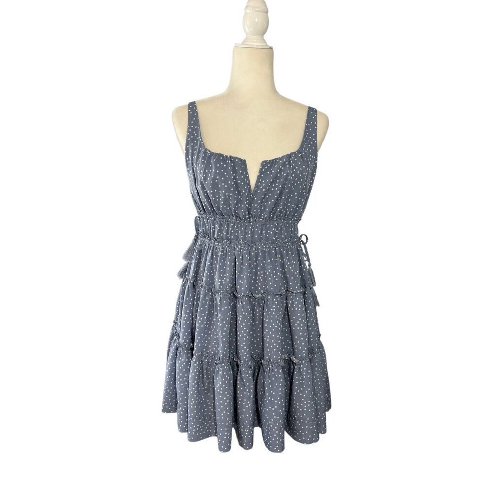 Mustard Seed 3 tiered blue and white polka dot sleeveless dress with squared not